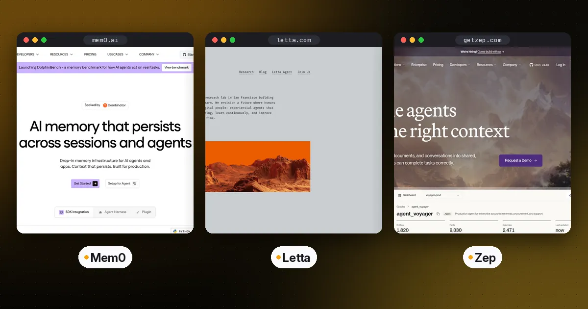 Side-by-side screenshots of the Mem0, Letta and Zep websites