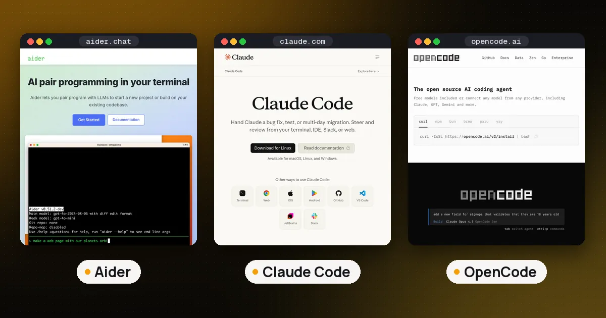 Screenshots of Aider, Claude Code, OpenCode
