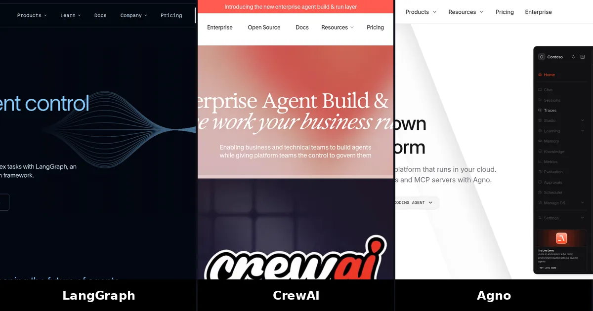 Screenshots of LangGraph, CrewAI, Agno