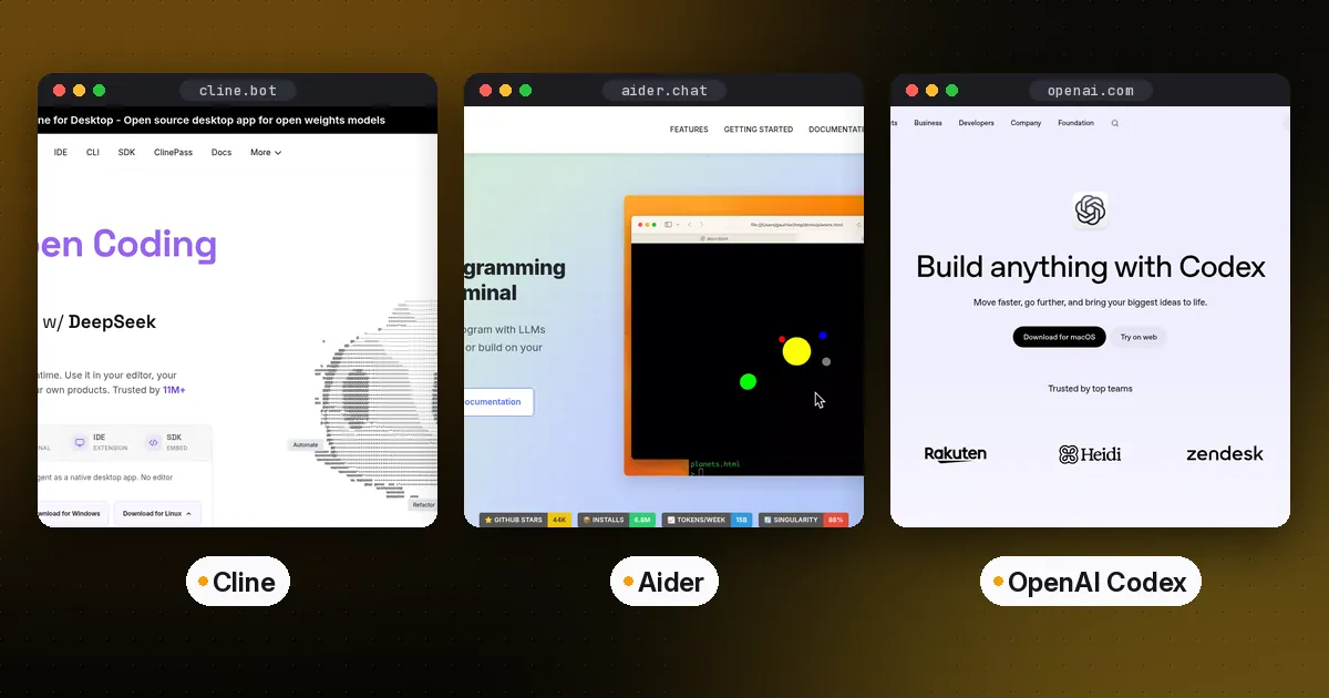 Side-by-side screenshots of the Cline, Aider and OpenAI Codex websites
