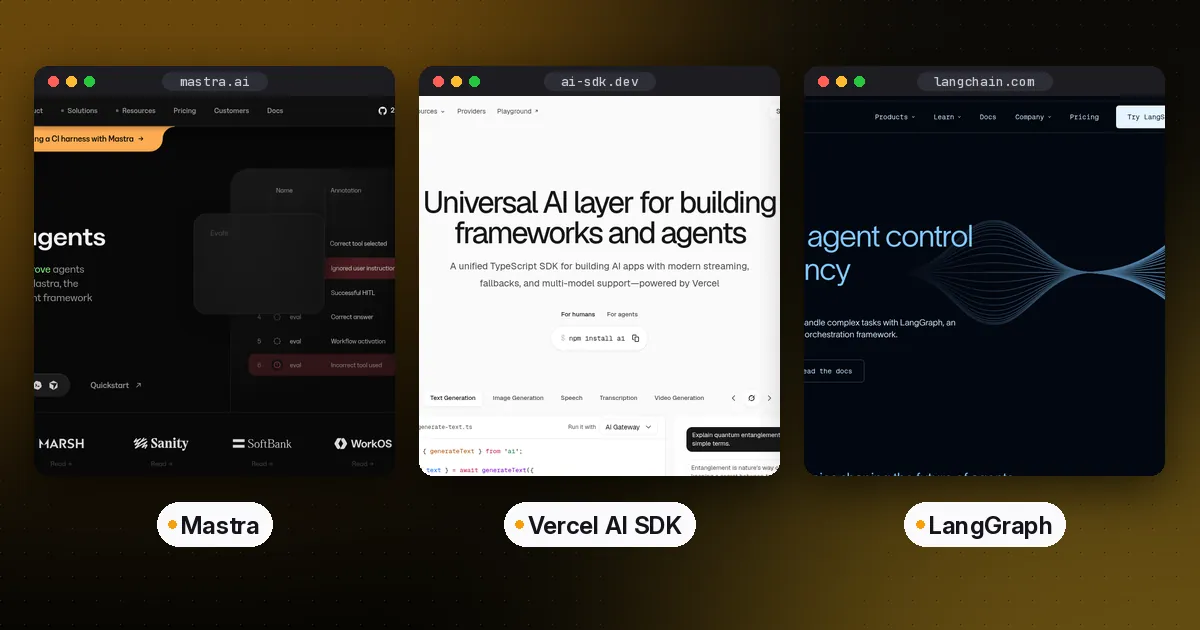 Side-by-side screenshots of the Mastra, Vercel AI SDK and LangGraph websites