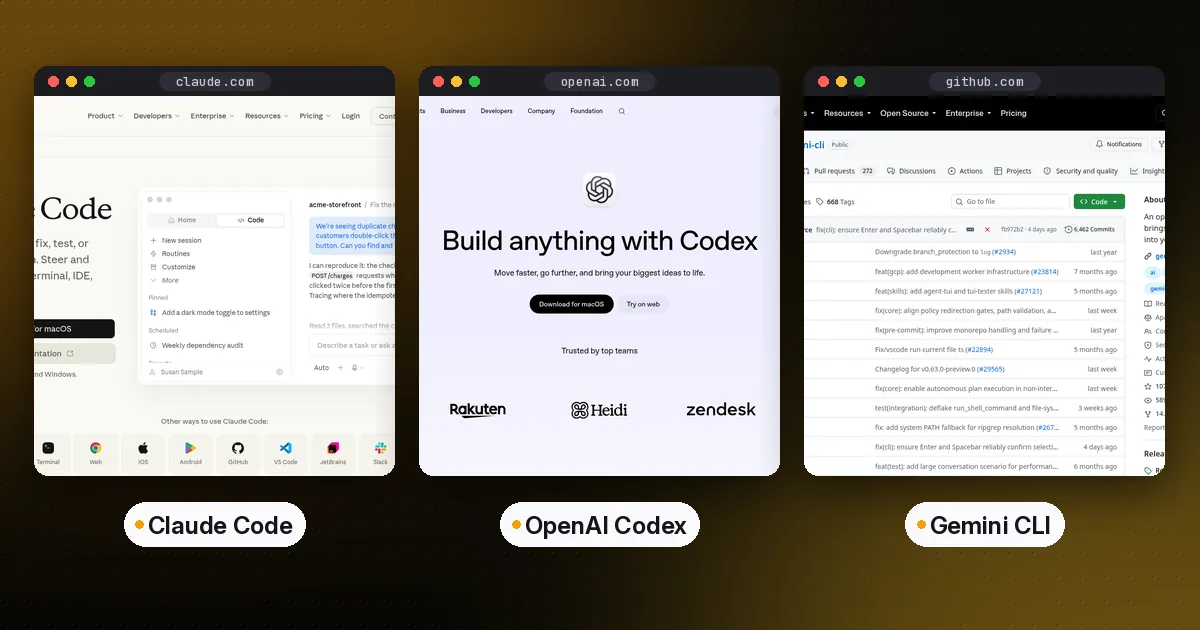 Side-by-side screenshots of the Claude Code, OpenAI Codex and Gemini CLI websites