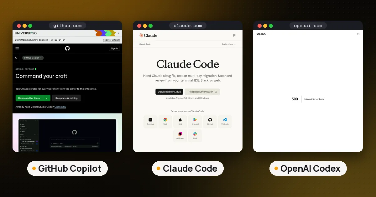 Screenshots of GitHub Copilot, Claude Code, OpenAI Codex
