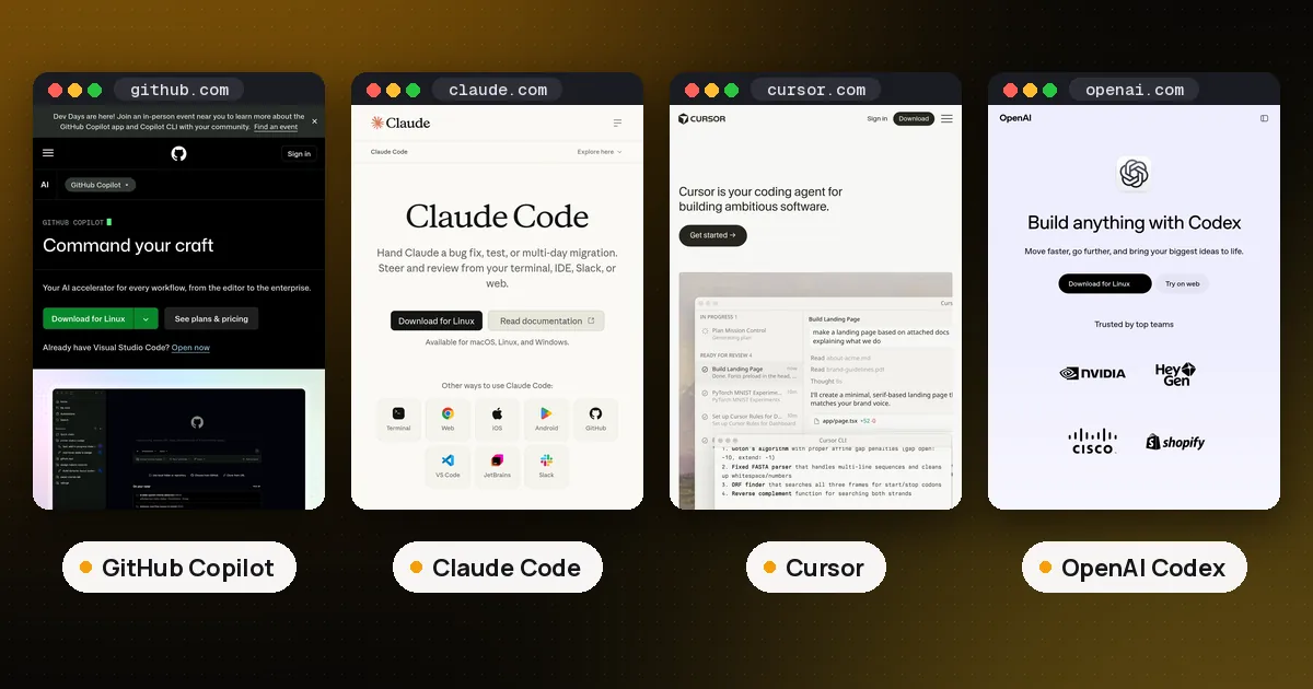 Screenshots of GitHub Copilot, Claude Code, Cursor, OpenAI Codex