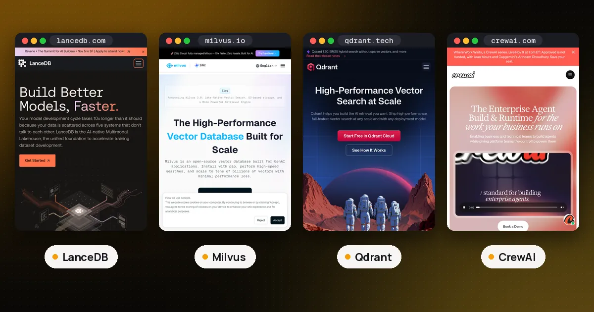 Screenshots of LanceDB, Milvus, Qdrant, CrewAI