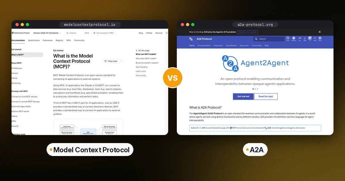 Side-by-side screenshots of the Model Context Protocol and A2A websites