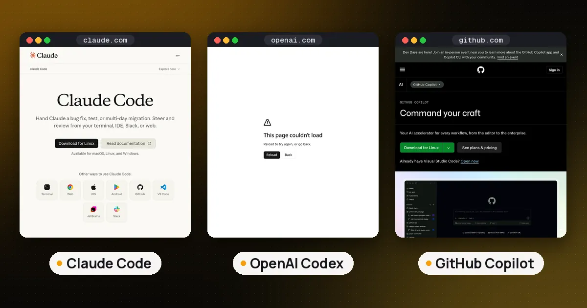 Screenshots of Claude Code, OpenAI Codex, GitHub Copilot