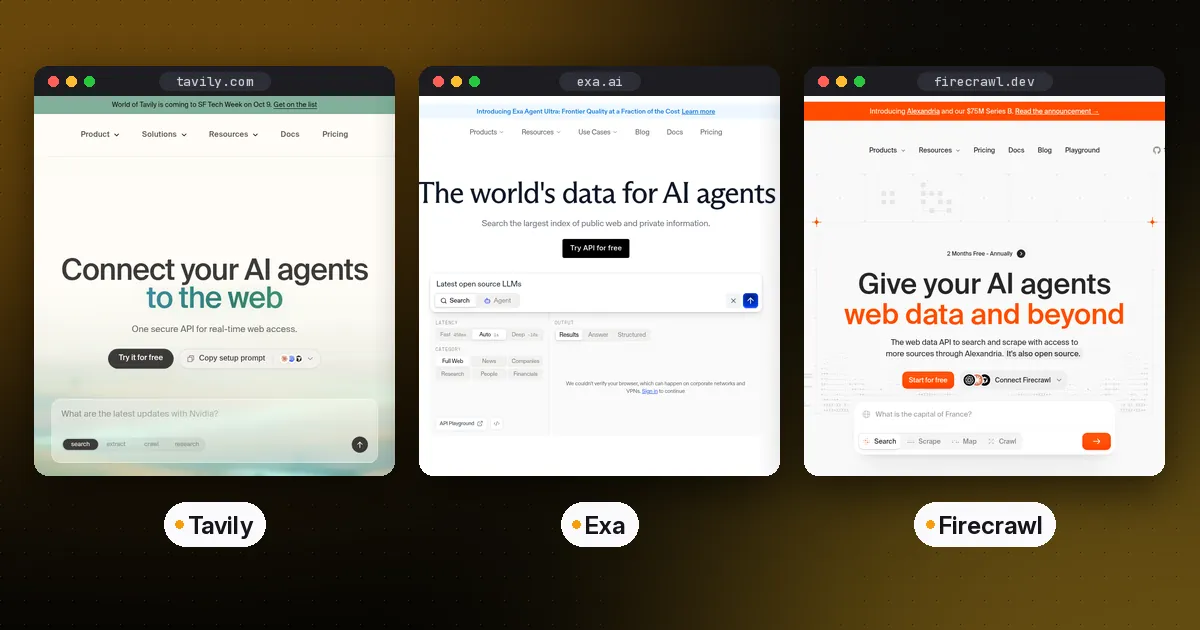 Side-by-side screenshots of the Tavily, Exa and Firecrawl websites